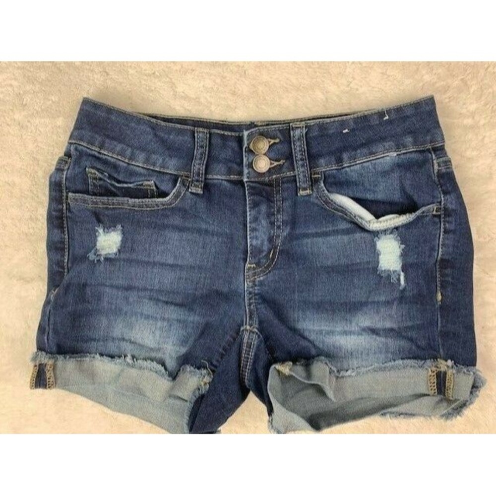 SO Size 3 Womens Shorts Low Rise Stretch Distressed Raw Hem Cuff Dark Wash